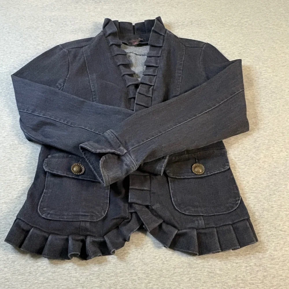 JW Style Women Dark Wash Ruffle Trim Denim Jacket Hook Eye Closure Black Blue M